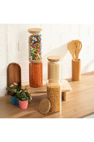 Porsima 417 4lü 1300 Ml Bambu Vakumlu Kapaklı Cam Kavanoz Seti Saklama Kabı 10x20cm Şeffaf