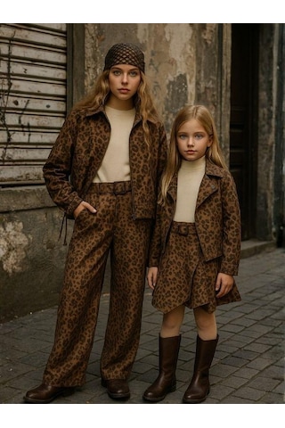 Zekids Kız Çocuk Leopar Desenli Süet Geniş Paça Tasarım Pantolon-16291 Kahverengi