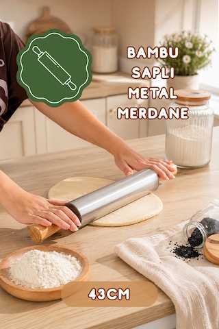 Porsima Mnb05773 Ahşap Saplı Paslanmaz Çelik Merdane Oklava Hamur Pizza Börek Açma Oklava 43cm