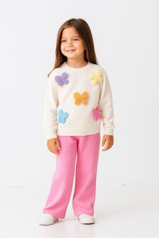 Kız Çocuk Aplike Fiyonk Detaylı Triko Alt Üst Takım 2 Parçalı Takım Örgü Fiyonk