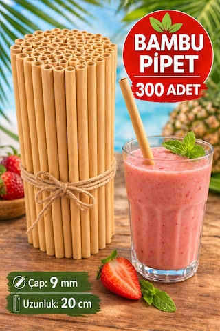 300 Adet Bambu Pipet 9mm X 20cm Kalın Smoothie Pipeti Doğal Çevre Dostu