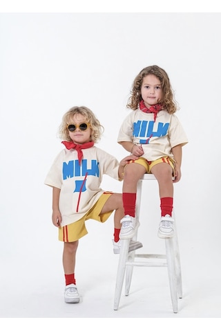 Lolliboomkids Unisex Çocuk Süt Baskılı Pamuklu Bisiklet Yaka Altüst Takım 2 Parça Ekru / Sarı Ekru - Sarı