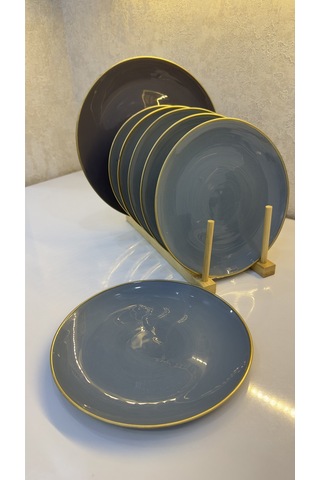 Gold Kenarlı Gri Seramik Pasta Tabağı 7 Lı Set Modern Sofra Sunum Tabakları 21 Cm Çok Renkli