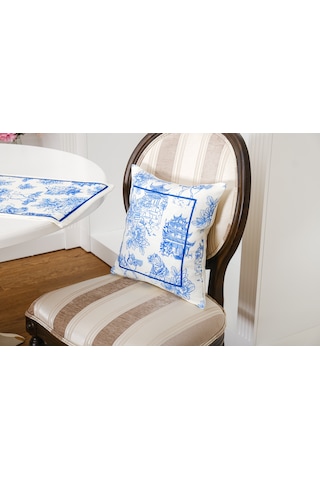 Finezza Festival Baskılı Kumaş Kreme Mavi Kırlent Kılıfı 45x45 cm - 1439