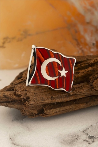 Büyük Boy Mineli Türk Bayrağı Gümüş Rozet -8473 Gümüş