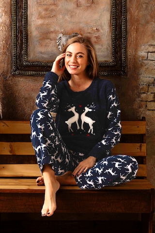 Nisanca Kışlık Kadın Polar Pijama Takımı - Yılbaşı Pijaması Lacivert