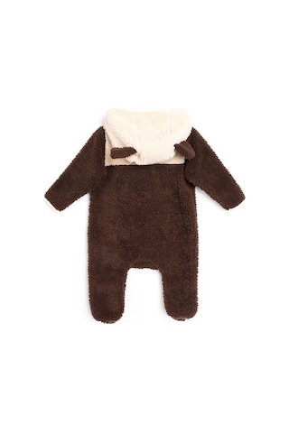 Luess Peluş Kulak Detaylı Unisex Bebek Tulum - Kahverengi