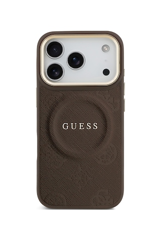 Apple Uyumlu iPhone 17 Pro Kılıf Guess Lisanslı M-safeli Sıcak Baskı Yazı Logolu Pu Deri Peony Kahverengi Kahverengi