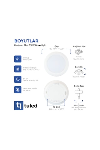 Redeem Plus C18W Downlight, Titreşimsiz, Göz Konforu, 1799 Lümen, Soğuk Beyaz, 6500 Kelvin Beyaz
