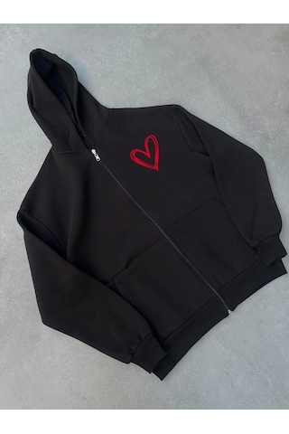 Leyla Sanat Sanata Yeni Bir Bakış Açısı Üç İplik Baskılı Fermuarlı Kapşonlu Hırka - Siyah Siyah