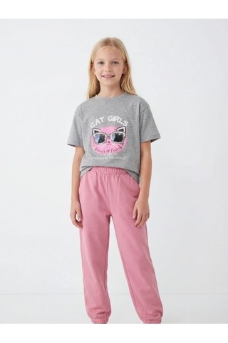 Zekids Kız Çocuk Cat Girls Baskılı T-shirt-17186 Gri