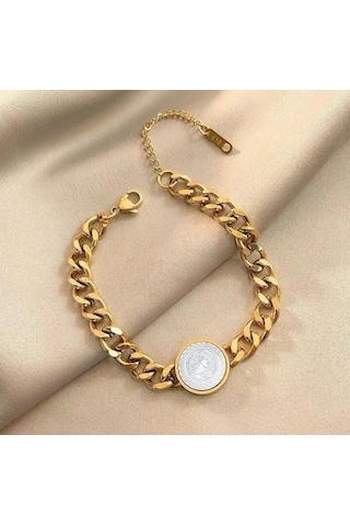 Jadenne Gold Renk Çelik Üzeri Altın Kaplama Elizabeth Vintage Zincir Bileklik