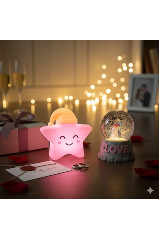 2 Li Sevgiliye Romantik Hediye Seti Slikon Yıldız Renkli Led Gece Lambası Ve 9cm Love Kar Küresi Set Set