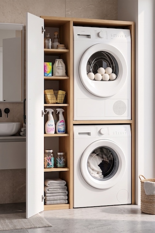 Naome Beyaz Meşe Çift Katlı Çamaşır Makinesi Dolabı Çok Amaçlı Banyo Dolabı Raflı Meşe Çift Naome