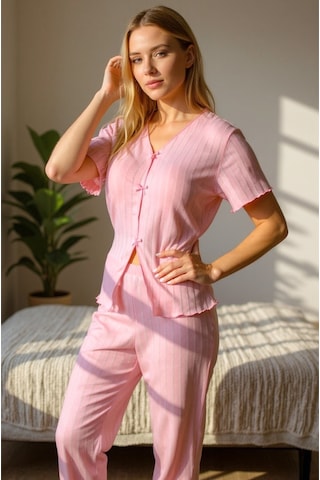 Bella Notte Mevsimlik V Yaka Pamuklu Fiyonk Detaylı Pijama Takımı Pembe