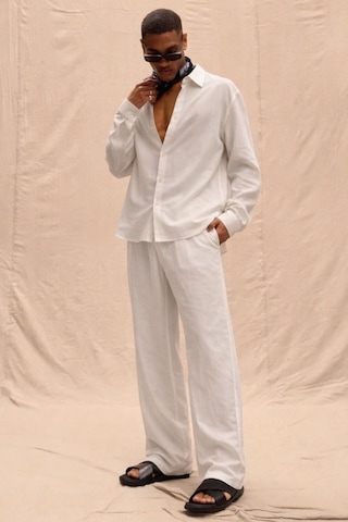 Tarz Cool Erkek Haki Tencel Kumaş Oversize Gömlek Pantolon Takım Rahat Kesim Yazlık Kombin Beyaz