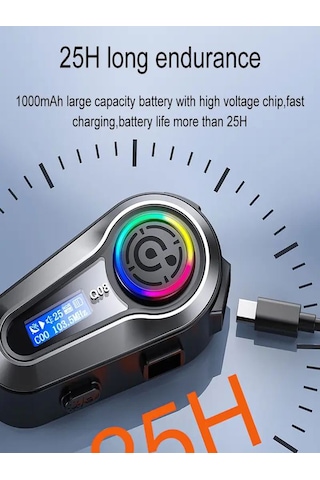 Q008 Lcd Fm Radio Eq Ses Ipx6 Su Geçirmez Rgb Işıklı Bluetooth Motosiklet Kask Kulaklığı