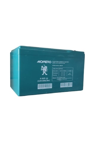 Monero 12v-14 Amper Yatık E-bıke Akü- Yeni Tarihli Ebatlar: 150x101x99mm