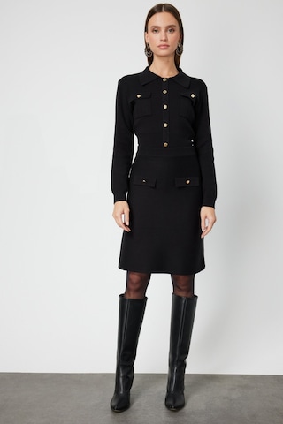 On Kadın Cep Detaylı Diz Üstü Triko Etek 69508 Siyah Siyah