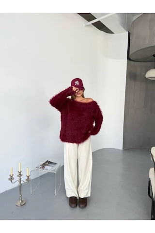 Kechi Woman Tüylü Triko Kazak Bordo