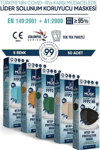 Musk Kf94 Kore Tipi N95 Maske 5 Renk 50 Adet (Gri, Taba, Siyah