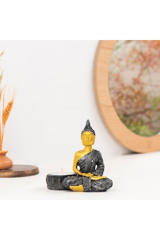 Buddha Temalı Gold Siyah Tealight Mumluk Renkli