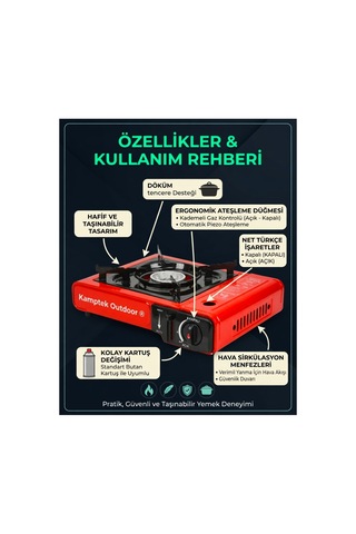 Kamptek Profesyonel Portatif Kamp Ocağı Kırmızı Stop Emniyet + Çakmak Ateşleme + Hediyeli Çanta Kırmızı