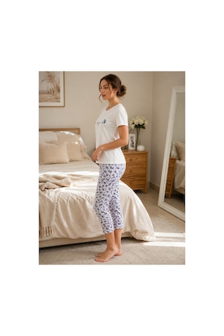 Pijamask Kadın Modal Kısa Kollu Pijama Takımı Beyaz Desenli Rahat Ev Giyim P10-334 Beyaz