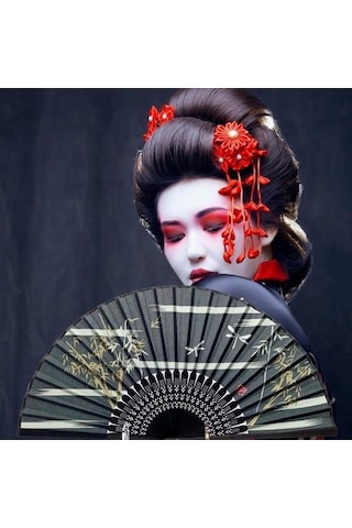 Beluga Yelpaze Bambu Kumaş Serinletici Vintage Siyah Şık Dekorasyon Püsküllü Japon Yelpaze 0174