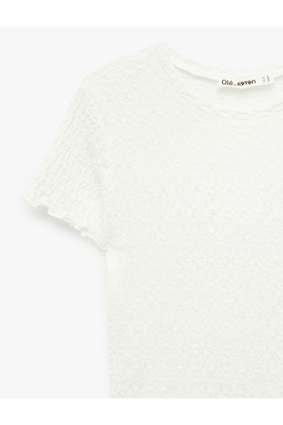 Koton Slim Fit Kısa Kollu Dokulu Bisiklet Yaka Crop Tişört Ekru 6sal10010ık Ekru
