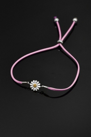 Kadın 925 Ayar Gümüş Rodyum Kaplama Pembe Ipli Asansörlü Papatya Bileklik
