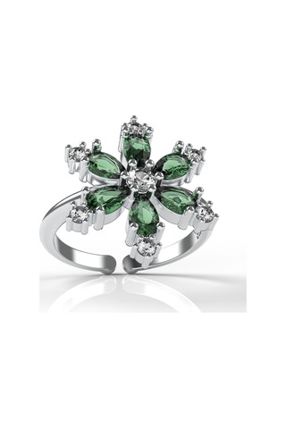 925 Ayar Zümrüt Taşlı Rodyum Lotus Çiçeği Ayarlanabilir Gümüş Yüzük Rr10027 Gümüş