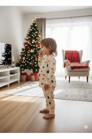 Yılbaşı Konseptli Pamuk Kumaşlı Pijama Takımı Ekru