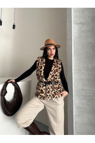 Ribana Kadın Mevsimlik Kahve Slim Fitt Astarlı Sıfır Kol Kemerli Leopar Desenli Şık Peluş Yelek 4940 Siyah Kahve Bej