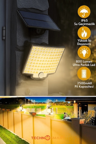 Technosmart Güneş Enerjili Bahçe Aydınlatması 106 Led, Sarı Işık, Kumandalı Ip65 Solar Duvar Lamba