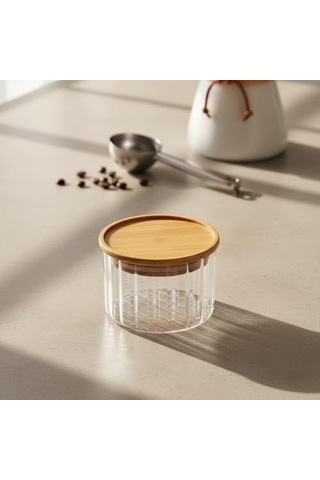 Linie Slim Bambu Kapaklı Borosilikat Cam Saklama Kabı - Çizgili Vakumlu Baharatlık, Çay Ve Kahve Kavanozu - 200ml Ve 300ml Seçenekleri 200ml 7009