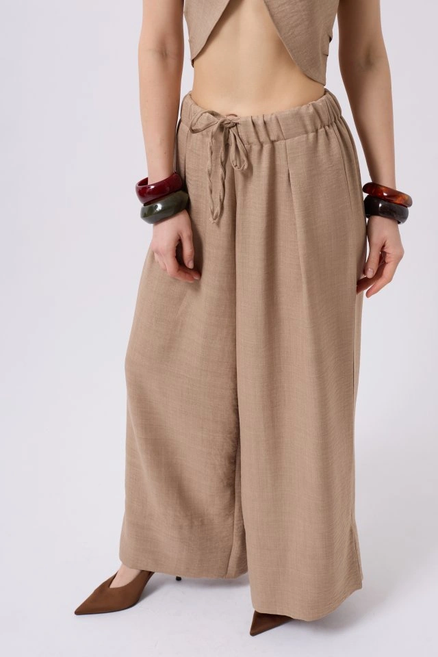 Buğrahayalin Düşük Bel Oversize Keten Pantolon Vizon