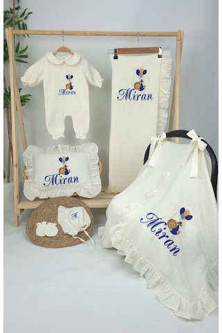 Gros Shop Müslin Yeni Doğan 4katlı Organik %100pamuk Kişiye Özgü Nakışlı Hastane Çıkış Seti Balonlu Aslan-4 Ekru