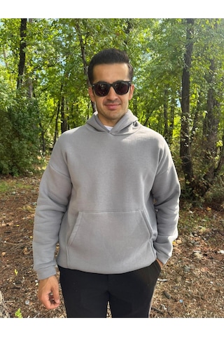 Erkek 3 İplik Basic Oversize Kanguru Cepli Kapüşonlu Sweatshirt Açık Gri