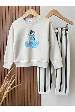 Miniko Kids Lucco Erkek Çocuk Bluey Modelli 3 İplik Şardonsuz Eşofman Takımı Ekru