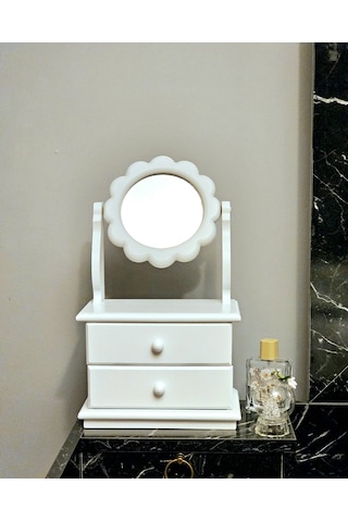 Çiçek Model Ahşap Hareketli Aynalı Beyaz Takı Makyaj Organizeri