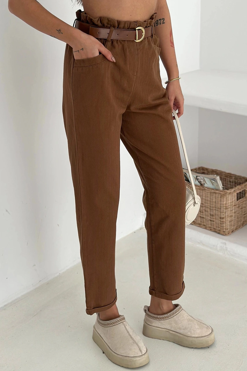 Yıkamalı Pamuk Yağmur Gabardin Yüksek Bel Pantolon Kahverengi Kahverengi