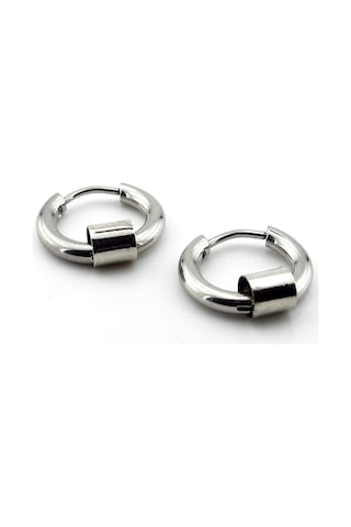 Silindir Halkali Gümüş Renk Çelik Erkek Halka Küpe E983 Metalik