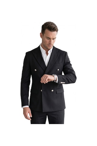 Deep Sea Deepsea Erkek Siyah Slim Fit Kruvaze Takım Elbise Likralı Çizgili Dokulu Metal Düğmeli 2600820