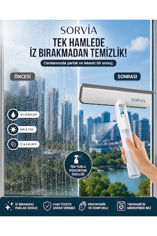 Spreyli Cam Silme Aparatı Mikrofiber Cam Sileceği Çekçekli Pencere Ayna Duşakabin Fayans Temizleyici Beyaz