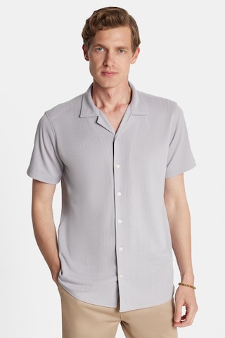 Tudors Erkek Slim Fit Yazlık Örme Dokulu Kısa Kollu Apaş Yaka Gri Gömlek-34775 Gri