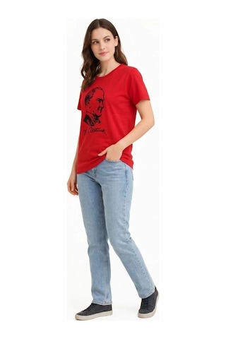 Wear Vexel Kadın Atatürk Baskılı Tişört Kısa Kollu Bisiklet Yaka T-shirt - Kırmızı Kırmızı