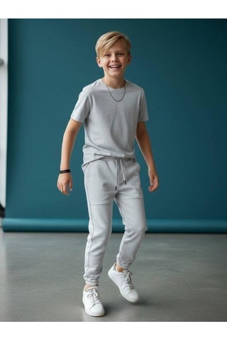 Zekids Erkek Çocuk Pamuklu Beli Paçası Lastikli Eşofman Alt-16637 Gri