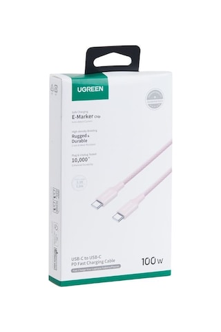 Ugreen Usb-c 100w 5a Qc Pd Örgülü Hızlı Şarj Kablosu, 1 Metre, Pembe, 65251 -