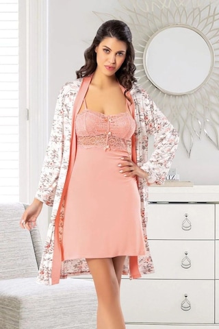 Faal 6024 Kadın Viskon İp Askılı Gecelik Sabahlık Takım-somon SOMON